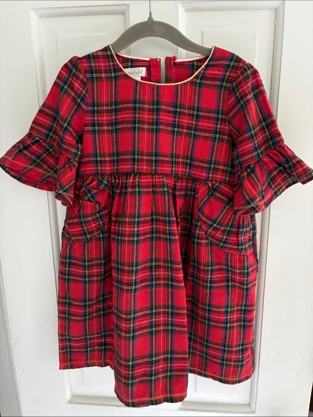 Mud Pie Red Plaid Holiday Dress with Gold Trim